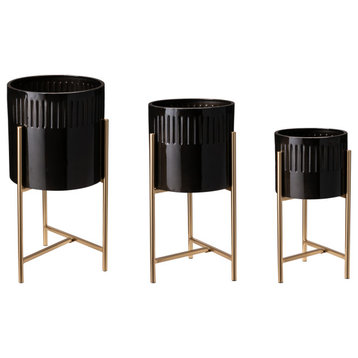 Set of 3 Modern Glossy Metal Plant Stands, KD, Black / Gold