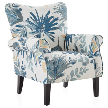 High Wingback Linen Armchair, Green Blue Floral