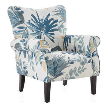 High Wingback Linen Armchair, Blue Floral