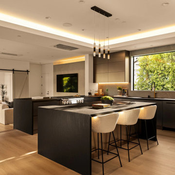 Luxury Modern Kitchen with Black Aluminum Picture Window & Custom Sliding Doors