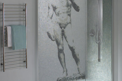 Inspiration for a contemporary bathroom in London with beige tiles and tiled worktops.