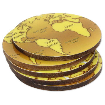 Brown Cartography, Set of 5 Wood Coasters, India