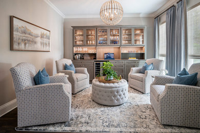 Transitional family room photo in Dallas with a bar