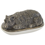 Indigo Retreat - Grizzly Butter Dish - Keep your butter fresh and soft with the Bear Butter Dish. Crafted from porcelain and featuring an impressive metal bear topper, this piece provides all the function of a butter dish while also giving your kitchen space an attractive piece of decor to display on your counter. Measures at 7 inches long, 4 inches wide and 3 inches high.