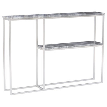 Contemporary Console Table, Slim Design With Metal Frame & Open Shelf, Silver