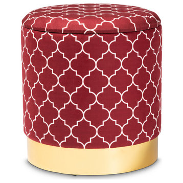 Bibi Quatrefoil Upholstered Metal Storage Ottoman, Red/White/Gold