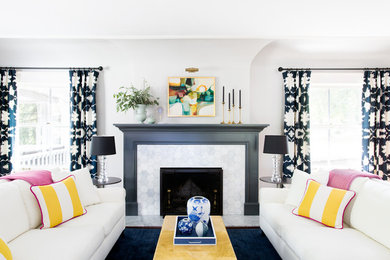 Living room - transitional living room idea in Chicago with white walls and a standard fireplace