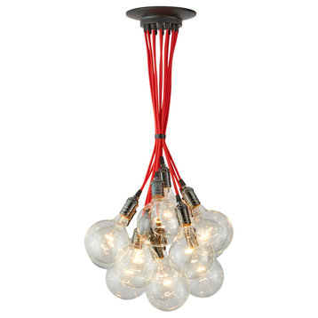 Red Pendant Light Chandelier With 14 Modern Pendant Lights and Globe Bulbs