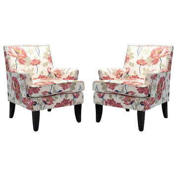 Wooden Upholstery Armchair, Set of 2, Red/Yellow Multi Floral