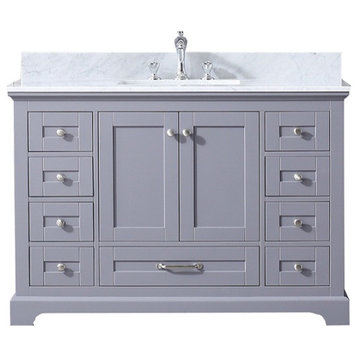 48" Dark Gray Single Vanity, White Carrara Marble Top, White Sink, No Mirror