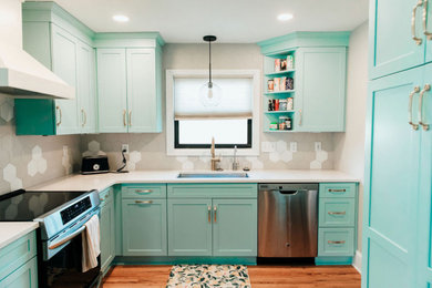 Kitchen - small shabby-chic style l-shaped kitchen idea in Charlotte with recessed-panel cabinets, turquoise cabinets, quartz countertops, gray backsplash, ceramic backsplash and white countertops