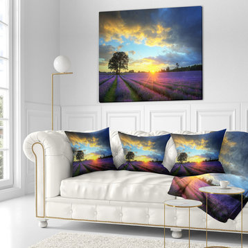Colorful Sky Over Vibrant Lavender Field Floral Throw Pillow, 16"x16"