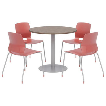 Olio Designs Round 36in Lola Dining Set - Teak Table - Coral Chairs