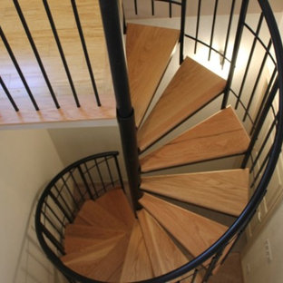 Mid-sized elegant wooden spiral staircase photo in Denver with wooden risers