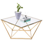 Decor Love - Modern Coffee Table, Diamond Shaped Golden Stainless Steel Frame & Glass Top - - Size: 31. 5" W x 31. 5" D x 17. 75" H