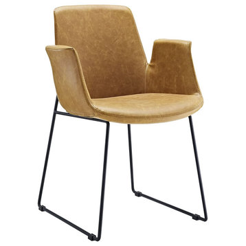 Contemporary Dining Chair, Black Sleek Legs and Elegant Faux Leather Seat, Tan