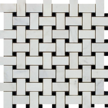 Oriental White Honed Marble Basketweave Mosaic With Black Dots