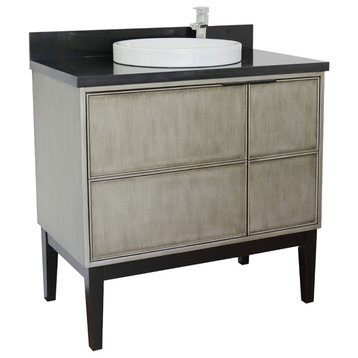 37" Single Vanity, Linen Brown Finish With Black Galaxy Top And Round Sink