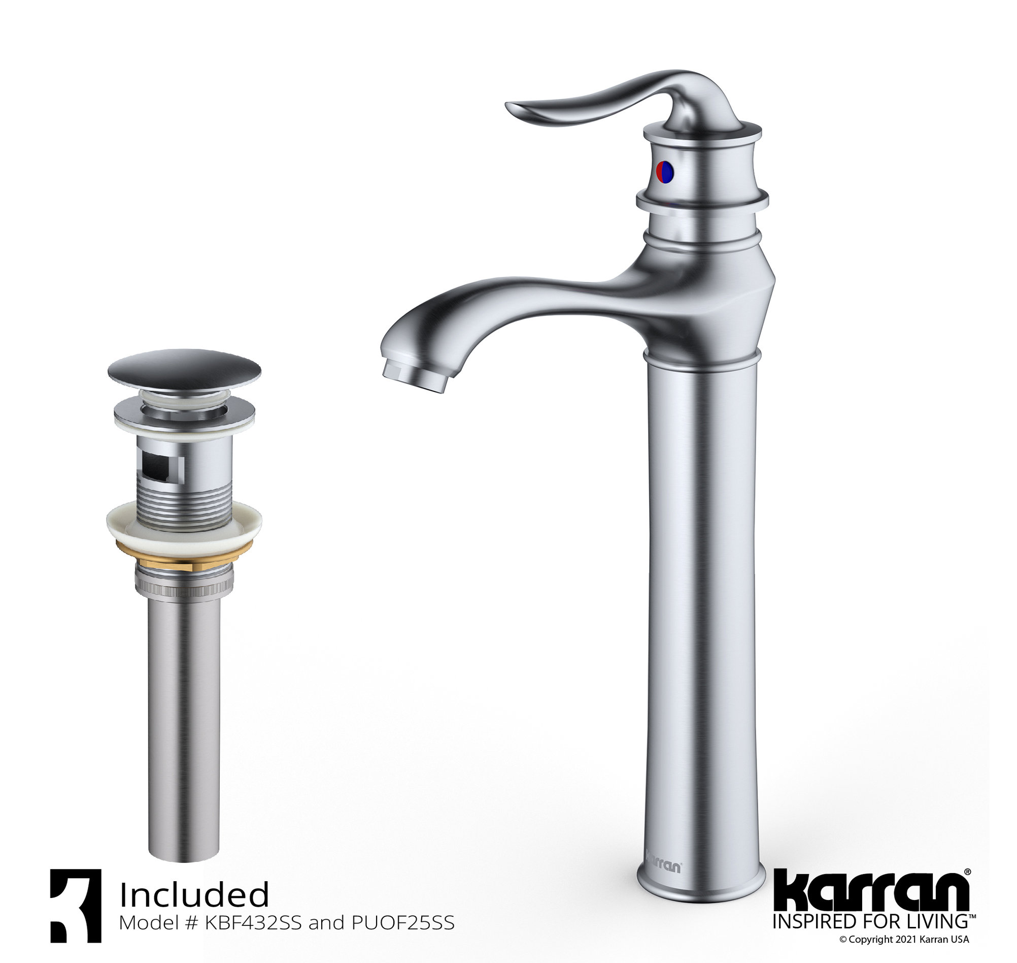 Karran KBF432 1-Hole 1-Handle Vessel Faucet With Pop-up Drain, Stainless Steel