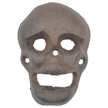Wall Mount Bottle Opener, Skull, Distressed Brown Cast Iron, 3.75"