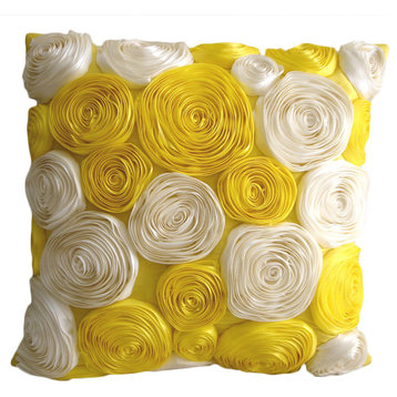 Satin Ribbon 16"x16" Silk Yellow Throw Pillows Cover, Sunny Yellow Blooms