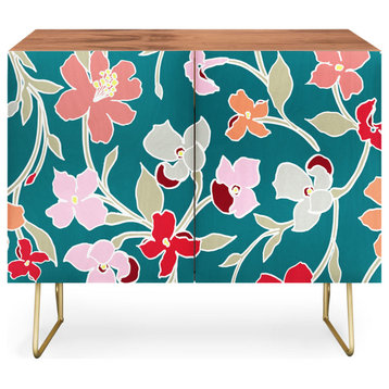 Deny Designs Turquoise Pastel Flowers Credenza, Walnut, Gold Steel Legs