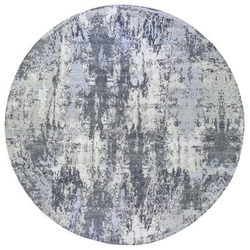 Abstract Design Wool and Silk Round Denser Weave Charcoal Gray Rug, 12'1"x12'1"