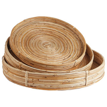 Elegant Set of 3 Woven Cane Rattan Trays Round Flat Baskets Natural 22 in Boho