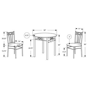 Dining Table Set, 3pcs Set, Small, 30" Round, Kitchen, Metal, Brown, Grey