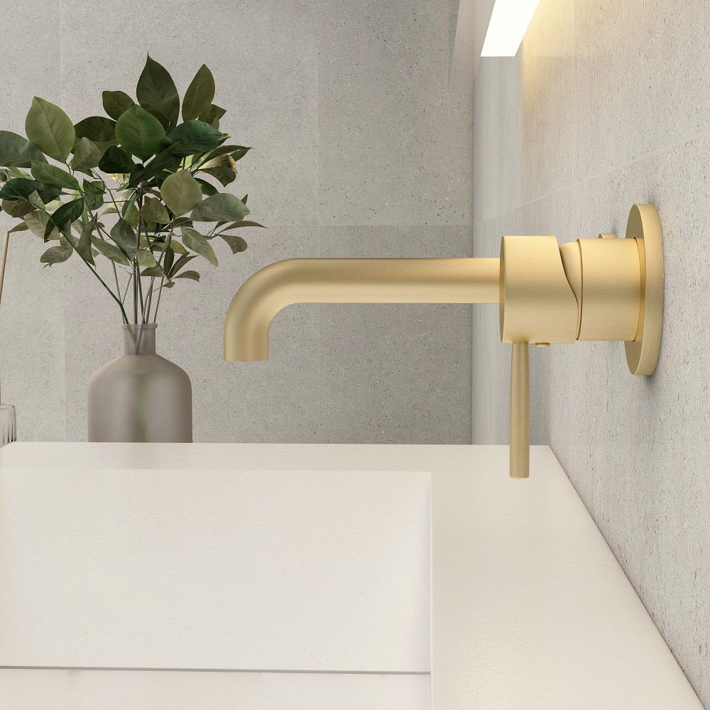 Stev Brushed Brass Single Lever Wall Mounted Bathroom Faucet Swivel ...
