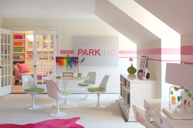This is an example of a large contemporary kids' room for girls in New York with carpet and multi-coloured walls.