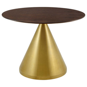 Dining Table, Round, Wood, Metal, Gold Dark Brown Brown Walnut, Modern, Bistro
