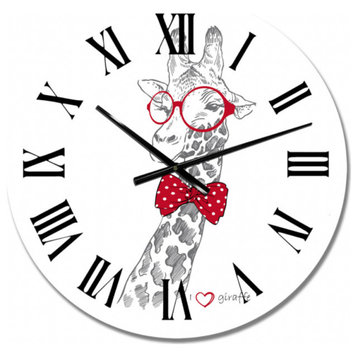 Designart 'Giraffe, Round Red Glasses' Hand Painted Art Wall Clock, White, 36"wx