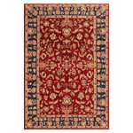 Bareens Designer Rugs - Classic Ziegler Jammie Red Blue Hand-Knotted Wool Rug - 6'3'' x 8'10'' - Enhance the ambiance of your home with this magnificent Persian-influenced Turkish hand-knotted rug made by skilled artisans capable of creating the most exceptional vegetable dyes and hand-spun wool. This exquisite handmade rug is a one-of-a-kind Peshawar Kafkaz, otherwise identified as Chobi, Chobi Peshawar, Oushak, or Ziegler rug. These handmade rugs are crafted in Pakistan utilizing superior-quality wool imported from Australia, New Zealand, and Korea in two types of weaves: the Persian weave and the Mori weave. This rug is meticulously crafted by hand using the finest natural vegetable dyes extracted from local plants. The artisans use a blend of hand-spun local and fine merino wool, resulting in a rug with a compelling texture, higher lanolin content, and longer staple. The artisans occasionally incorporate natural or artificial silk into the pile to enhance specific motifs. The finished product is an awe-inspiring execution of flawless design and an understated palette that exudes elegance.