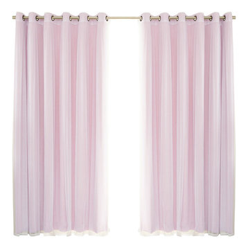 2 Piece Mix and Match Wide Tulle Sheer Lace Blackout Curtain Set, Light Pink