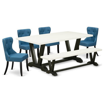 East West Furniture V-Style 6-piece Wood Dining Set in White/Black