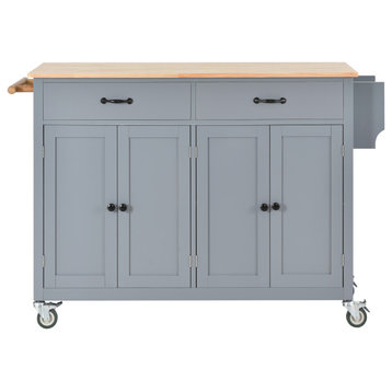Multifunctional Solid Wood Frame Kitchen Cart, Adjustable Shelves, Grey Blue