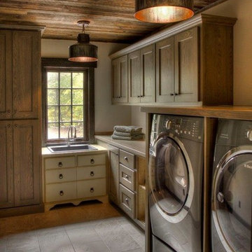 Weathered Antique Ceiling Paneling in a Traditional Laundry Room
