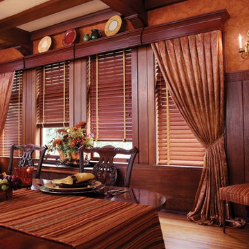 Stunning Faux Wood Blinds With A Matching Wood Cornice And Draperies