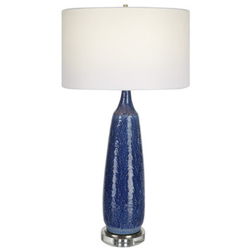 Elegant Textured Ceramic Cobalt Blue Table Lamp 36 in Tall Bottle Shape Coastal