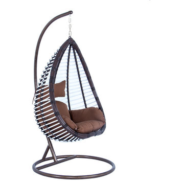 LeisureMod Outdoor Patio Hanging Hammock Wicker Egg Swing Lounge Chair, Brown