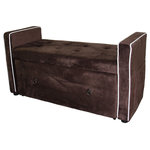 ORE International - 22" Brown Suede Shoe Storage Bench - Distinctive and endlessly chic bench with lifted seat that reveals a partition divider storage space for your shoes and an extra storage for your periodicals on the side of the bench. It features decorative button tufting seat, hinged lid, wooden legs and rich soft touch velvet fabric. Bring a dash of mid-century modern coolness to your space with the Brown Suede Shoe Storage Settee Bench. Easy access to the storage by a pull-out drawer design. This charming piece of home furniture is a beautiful accent to a living room, home office or foyer and can work well with both contemporary and classic decor. Featuring simple line arm rests, a white trim accent, button-tufted bench cushion, and an interior storage compartment accessible with just a lift of the cushion.