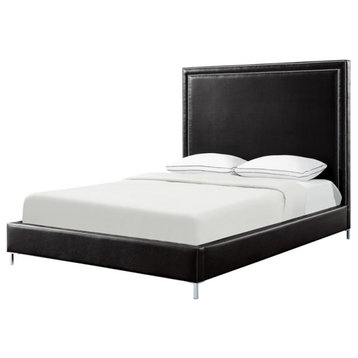 Posh Living Tristan Leather Platform Queen Bed Frame with Nailhead in Black