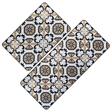 Set of 2 Carmen Printed Kitchen Floor Mats White and Beige Tile Design