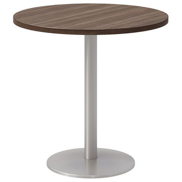 Olio Designs 30" Round Wood Top Pedestal Dining Table in Studio Teak and Silver