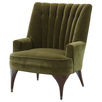 Luxe Moss Green Velvet Arm Chair Channel Back Tufted Mid Century Wood Brass