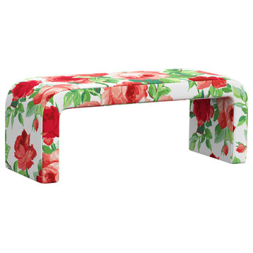 Red from Scalamandre by Cloth & Company Holland Bench, Cabbage Rose Coral/Ivory