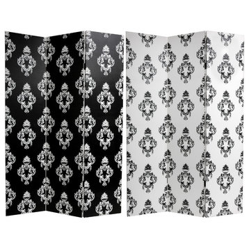 6' Tall Double Sided Black and White Damask Canvas Room Divider