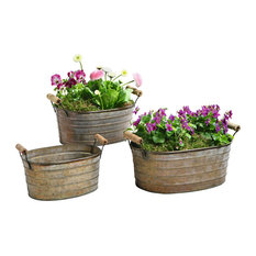 Metal Planter Tubs, Set of 3 Planters With Wooden Handles