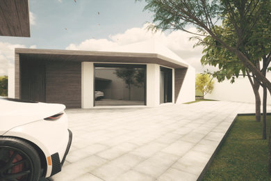 Diseño de terraza minimalista grande en patio delantero con suelo de baldosas